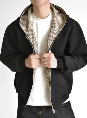 【千鸟格拼接】重磅800G连帽卫衣短款复古拉链外套cleanfit秋冬厚