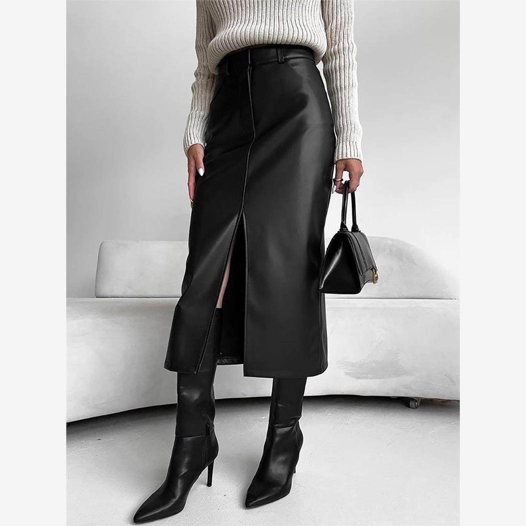 欧美时尚加绒PU皮裙高腰半身裙开叉Women casual skirt