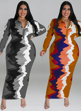 Plus size women autumn casual loose print party dinner dress