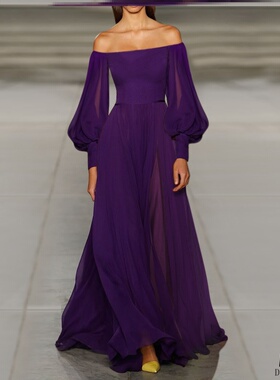 One shoulder purple dress一字肩灯笼袖长裙 长袖紫色晚会礼服裙
