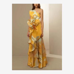 法式 one shoulder dress 复古气质收腰休闲印花斜肩连衣裙printed