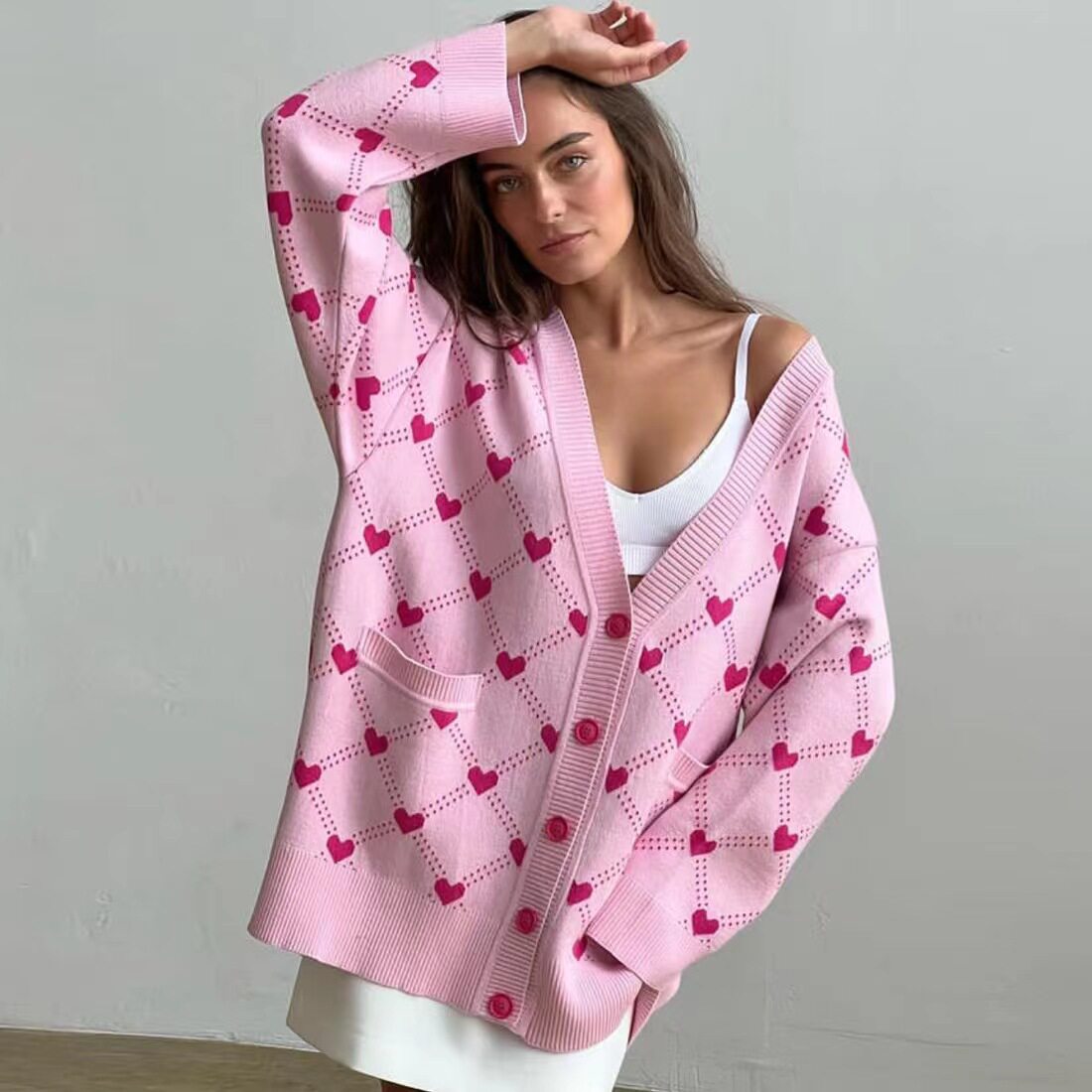 欧美秋冬桃心提花撞色口袋开衫毛衣外套Cardigan pocket sweater