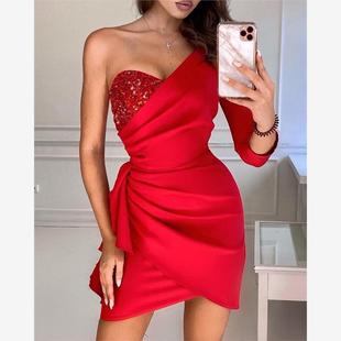 Party Ruched Dress Shoulder 女亮片派对红色单肩褶皱连衣裙One