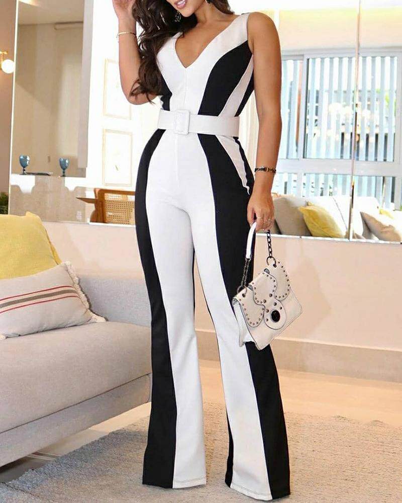 Sleeveless Striped Women Jumpsuit条纹V领连体长裤(不含腰带)