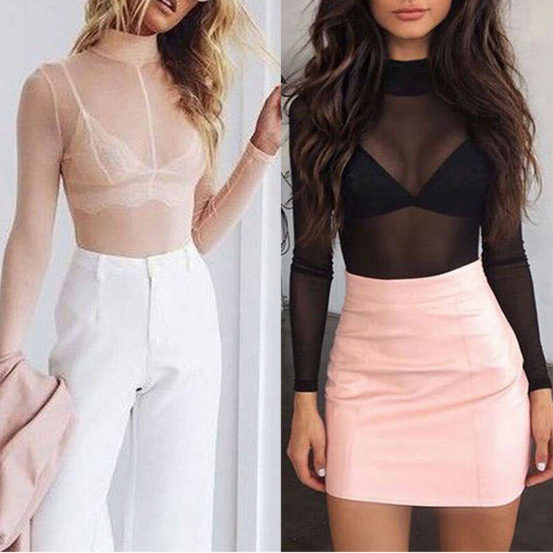 Fish Net Long Sleeve Turtle Neck See Through Top T-Shirt