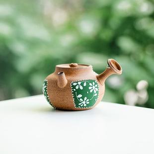 纯手绘小碎花粗陶侧把壶家用复古泡茶壶耐高温煮茶器古法泡茶壶