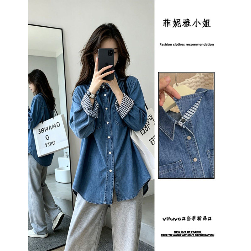 复古格子拼接牛仔女春秋季修身显瘦正肩休闲上衣内搭叠穿衬衫