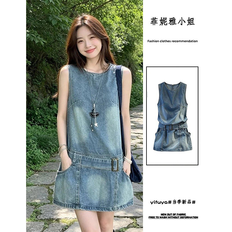 复古无袖牛仔连体衣女2026夏季薄款高级感显瘦A字短裙腰带背心裙