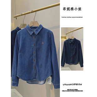 日系叠穿刺绣牛仔衬衫女秋冬季宽松减龄加绒加厚休闲长袖衬衣外套