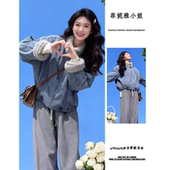 港风休闲风加绒加厚毛领拉链牛仔棉服女冬季 减龄拼接外套棉袄 新款