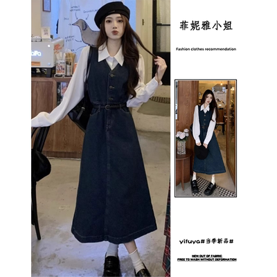 1977复古牛仔背带连衣裙套装