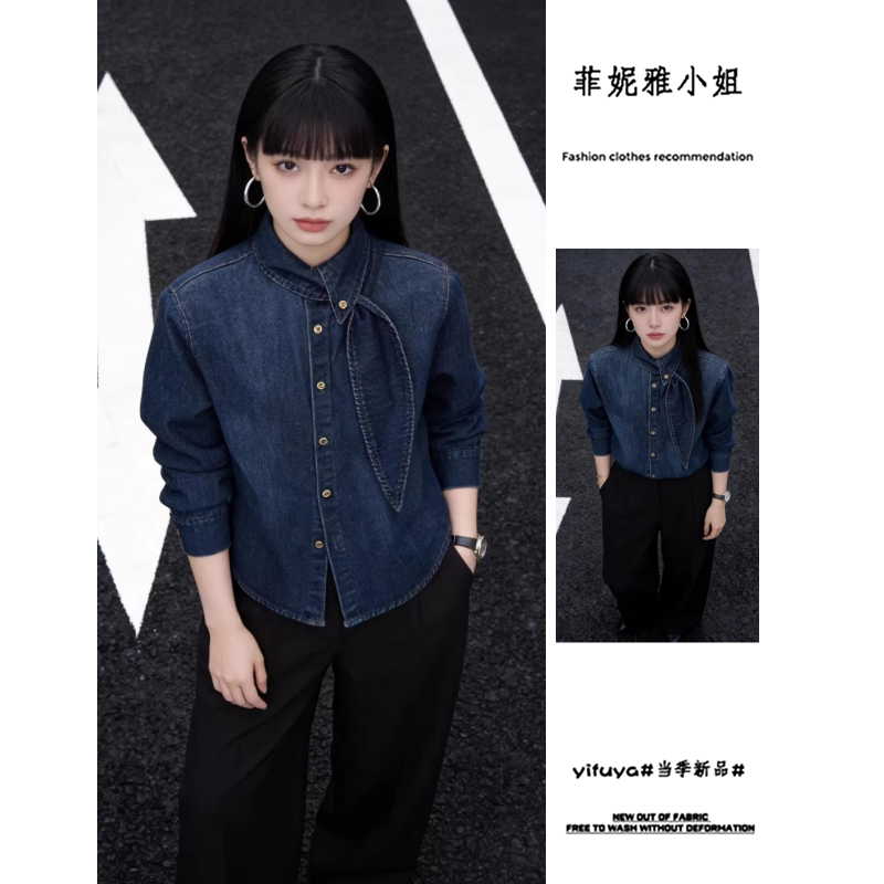 韩版复古做旧蓝色领带牛仔衬衫女图片