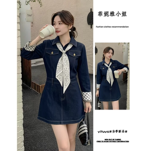 辣妹风气质复古格纹牛仔连衣裙女2026春秋新款温婉大方得体短裙子