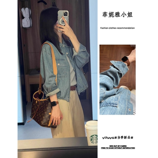 浅蓝色复古时髦牛仔衬衫 下摆抽绳设计感百搭外套女 女2025早秋新款