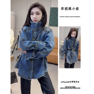 高级复古金属扣加厚衬衫 欧货爆款 重工加绒牛仔外套女2025早春新款