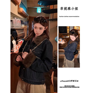 韩系短款牛仔外套女秋冬新款拼接毛毛上衣高级感炸街毛绒加厚棉服