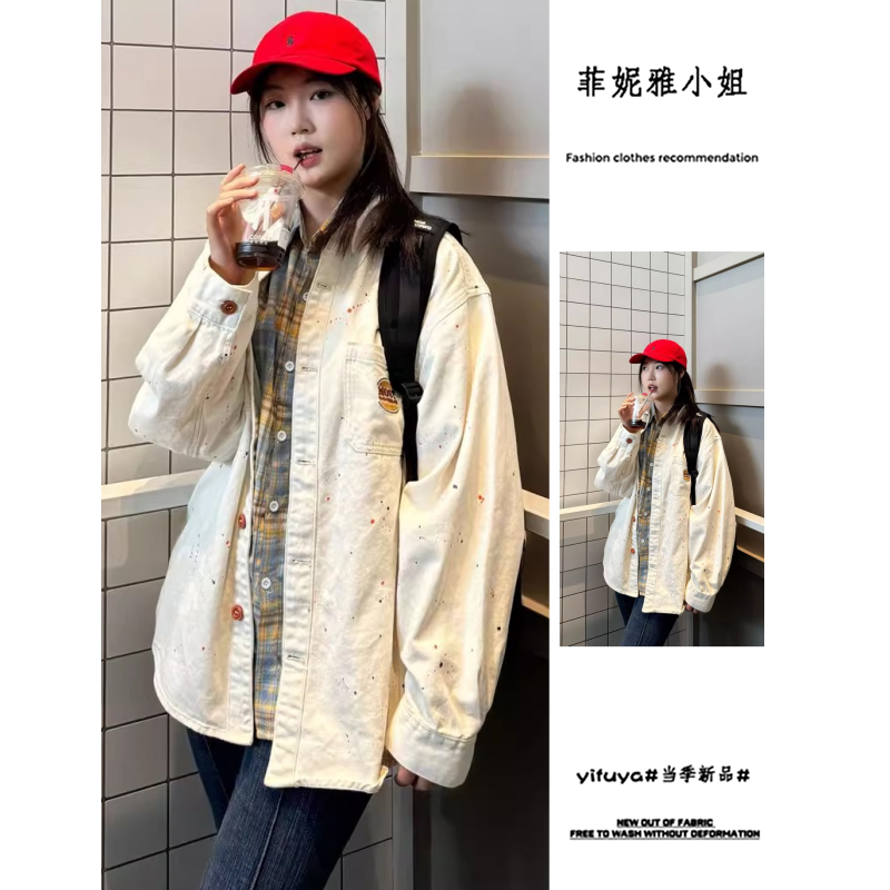 韩系复古泼墨刺绣牛仔衬衫外套