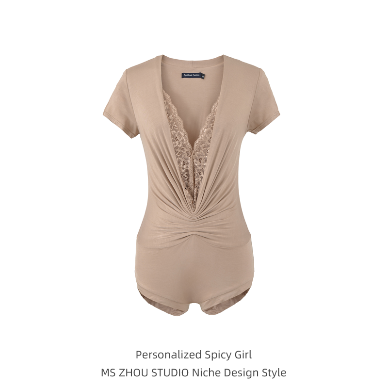 性感蕾丝拼接V领短袖连体衣女春夏修身显瘦褶皱设计内搭打底上衣,女装/女士精品,连体衣/裤,淘宝优惠券,粉丝福利购,淘宝优惠卷