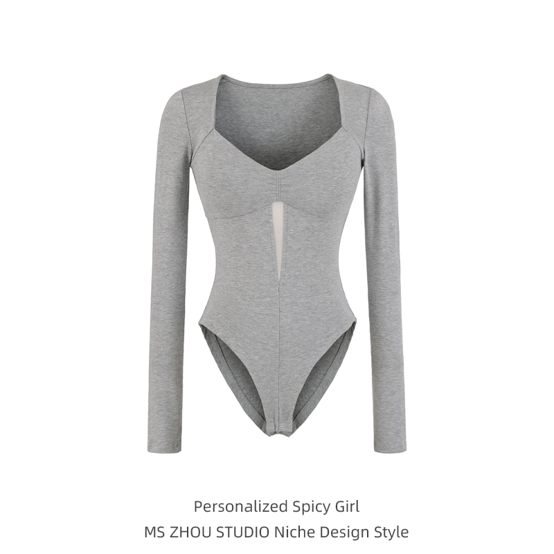 设计感带胸垫方领镂空长袖连体衣女收腰显瘦性感辣妹内搭打底上衣,女装/女士精品,连体衣/裤,淘宝优惠券,粉丝福利购,淘宝优惠卷