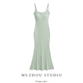 薄荷曼波绿纯欲性感吊带连衣裙女夏季 内搭带胸垫包臀鱼尾裙长裙子