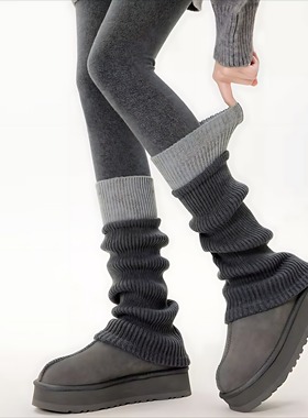 灰色针织袜套女中筒秋冬季设计感粗线羊毛堆堆袜拼色y2k小腿腿套