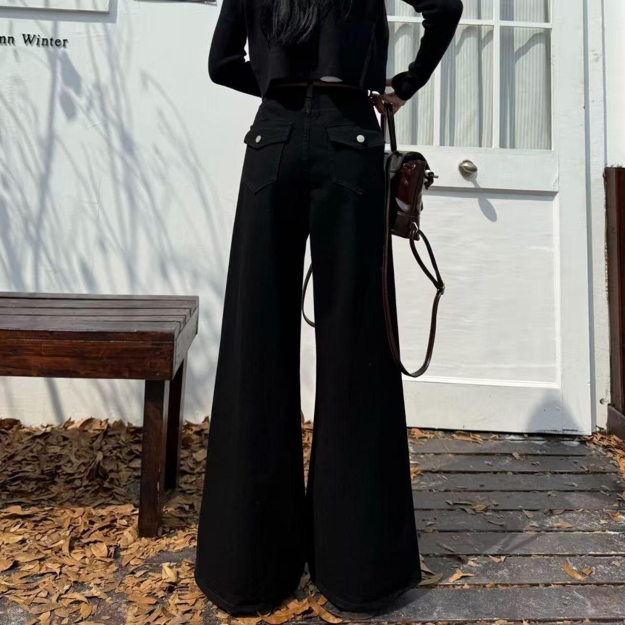 加绒加厚复古黑色阔腿牛仔裤女秋冬新款高腰显宽松直筒拖地长裤