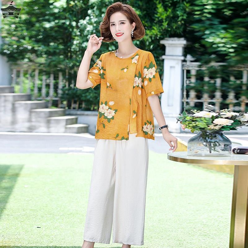 年轻妈妈套装2023夏季新款宽松透气中老年女装棉麻套装显年轻薄款