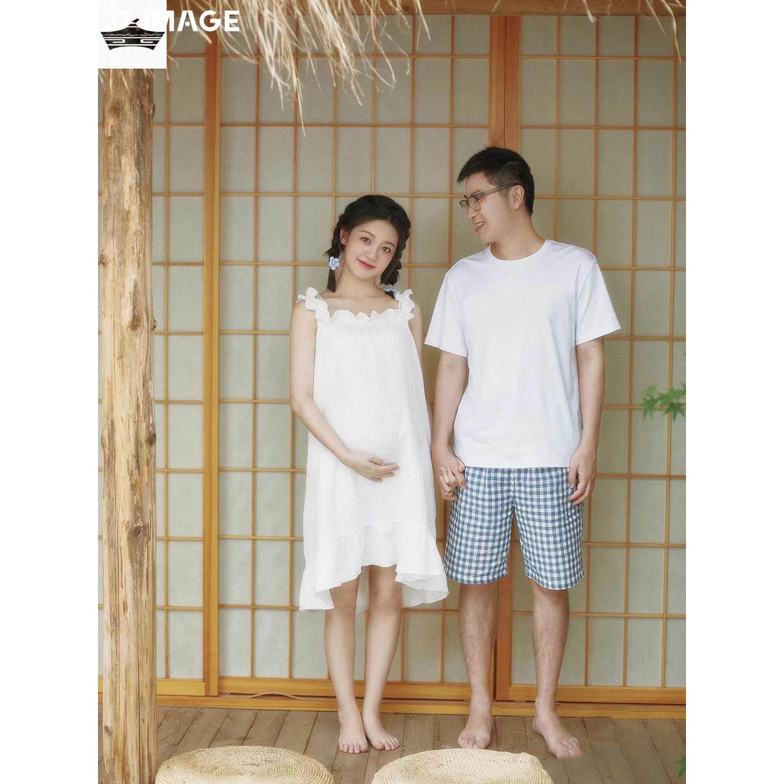 孕妇照服装情侣夫妻主题拍照新款夏日小清新白色连衣裙写真摄影服
