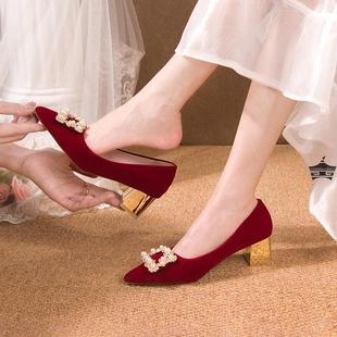 礼服红色高跟鞋 秀禾服婚鞋 中式 粗跟孕妇可穿新娘鞋 女2024年新款 子