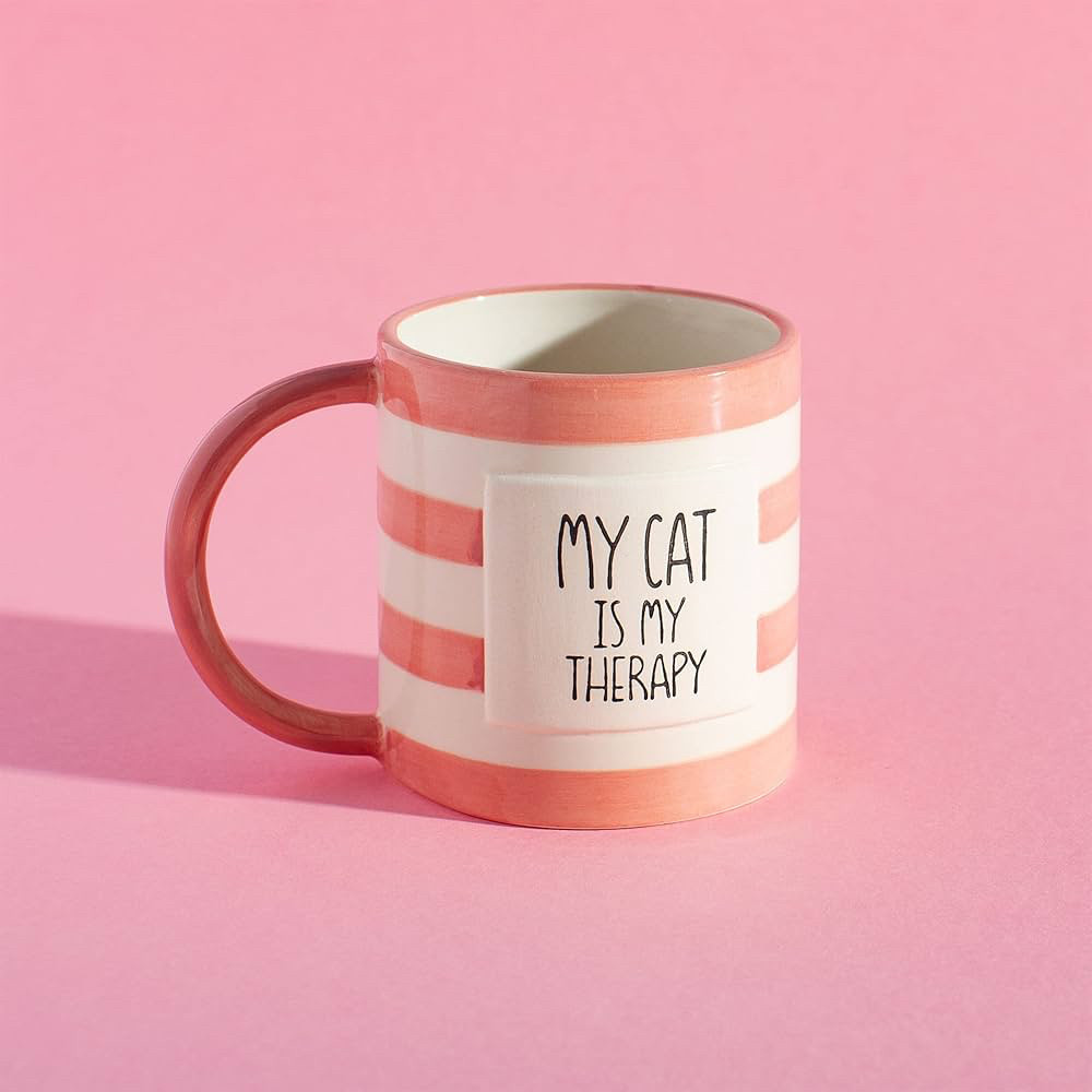 FQR LIVING MYCAT ISMY THERAPY粉色条纹带黑色字母陶瓷马克杯 - 实物图