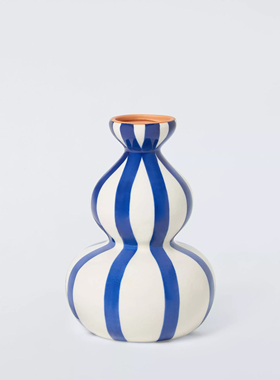 FQR LIVING英国PARTNERS手工制作绘画陶器蓝色条纹渐变弧形花瓶