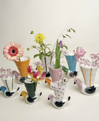 FQR LIVING英国AAN DE ZEVEN AIIEETJES手工制作绘画陶器甜鸟花瓶