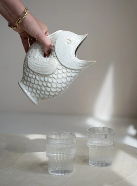 FQRLIVING THINGS ILIKE绿色芝麻点石器鱼水壶造型 花瓶 家居装饰