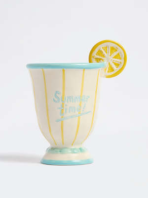 FQR LIVING英国WESTSIDE手工制作陶器雕刻柠檬片条纹高脚咖啡杯