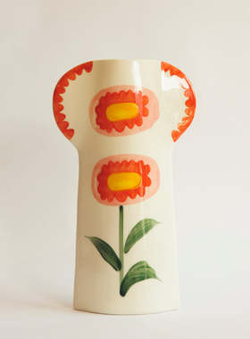 FQR LIVING英国ABHAYAHOME手工制作绘画陶器双耳扇形花卉图案花瓶