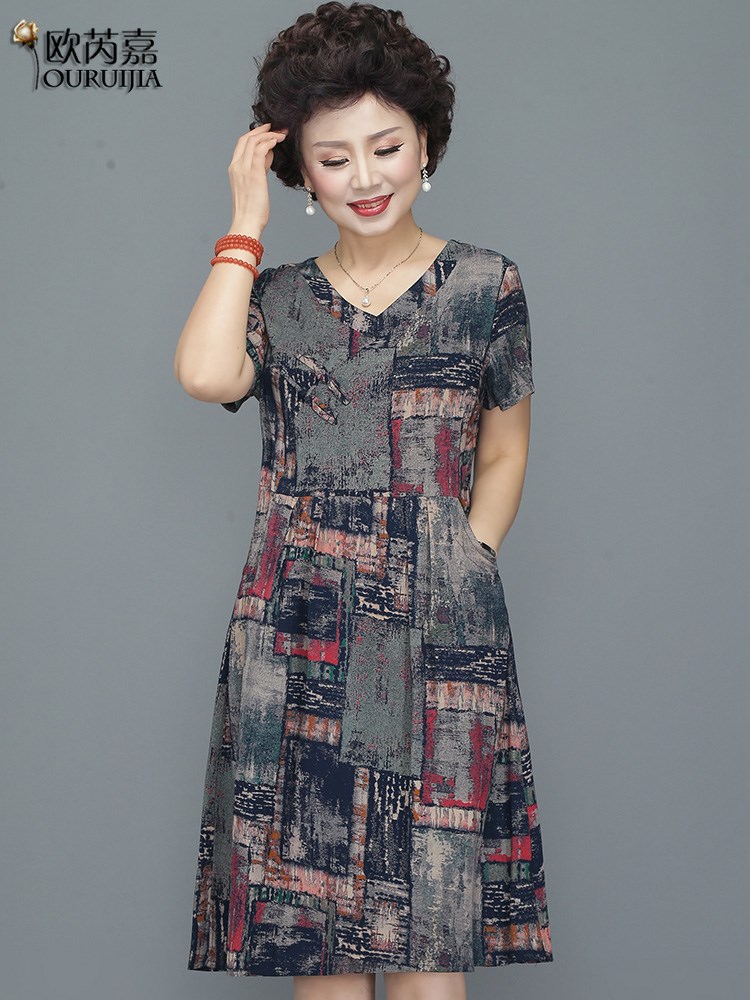 中老年妈妈棉绸连衣裙50岁60老人夏装女贵夫人洋气质