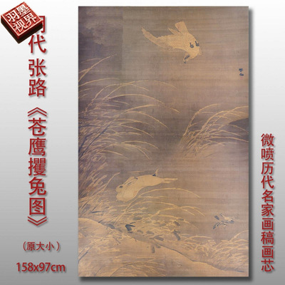明张路苍鹰攫兔图绢本复古字画国