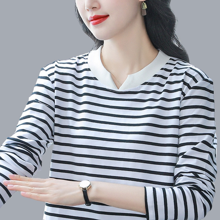 纯棉条纹长袖t恤女2024秋季装新款打底衫宽松大码秋衣上衣服外穿
