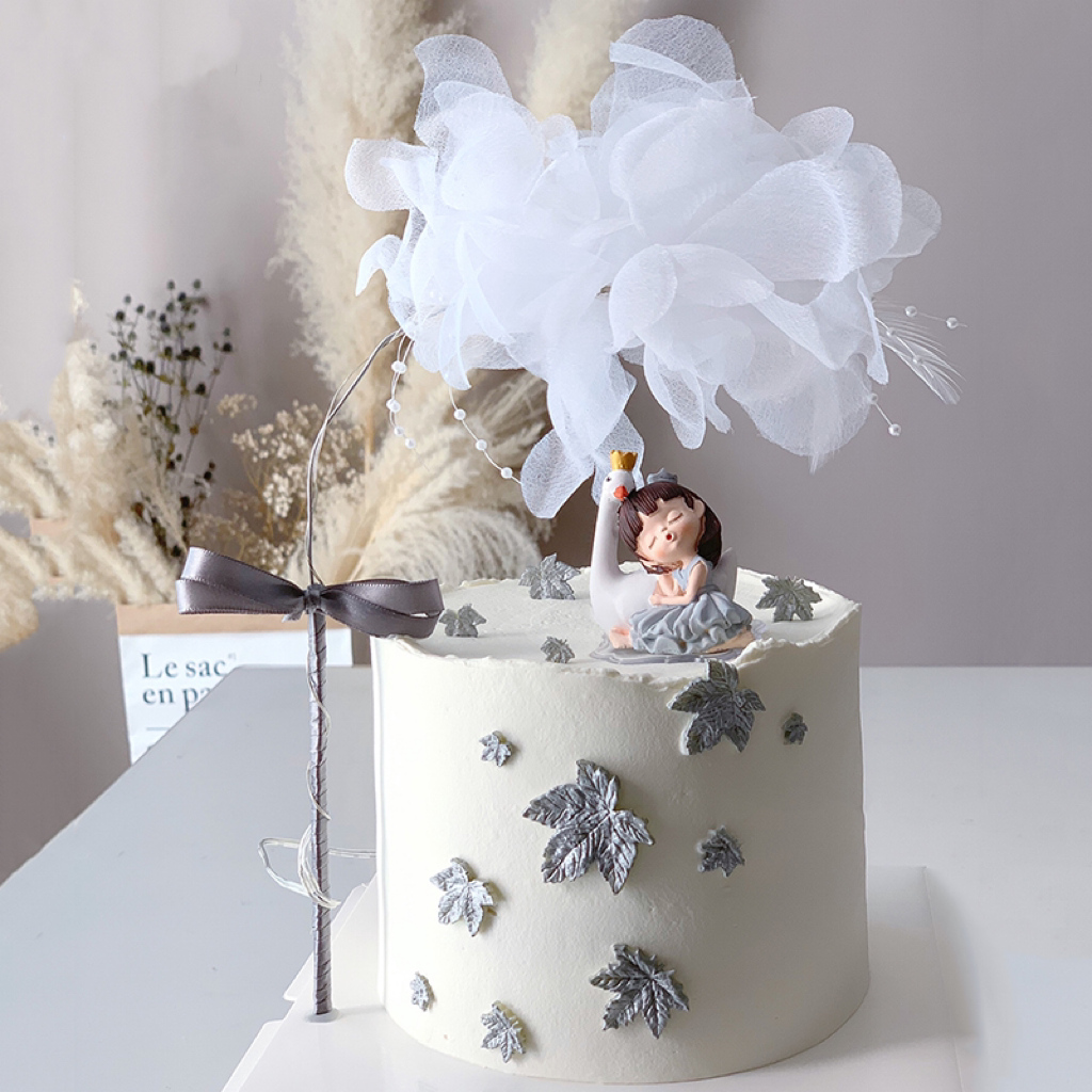 天鹅女孩蛋糕装饰摆件唯美瞌睡少女娃娃公主儿童生日烘焙配件插件