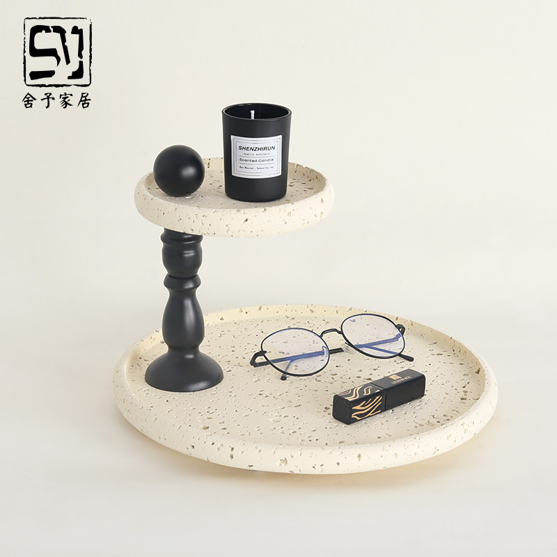 法式轻奢香薰托盘化妆室轻奢蜡烛底座烛台桌面洞石摆件单双层托盘