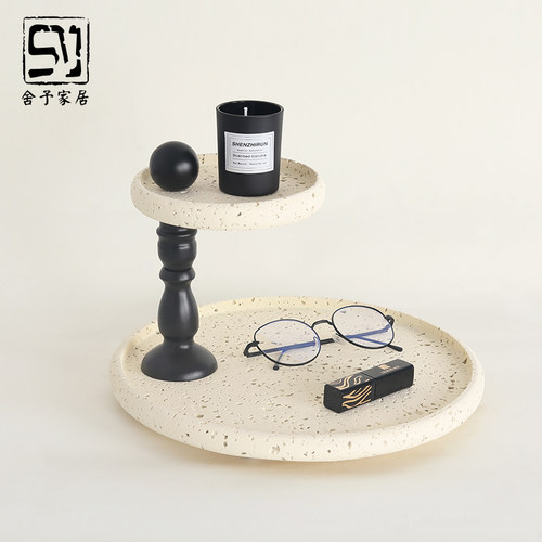 法式轻奢香薰托盘化妆室轻奢蜡烛底座烛台桌面洞石摆件单双层托盘