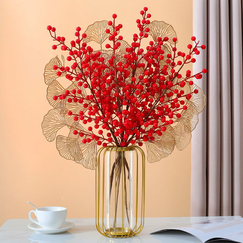 速发发财果红果仿真花假花摆件花瓶插花客厅餐厅婚庆春节花束装饰