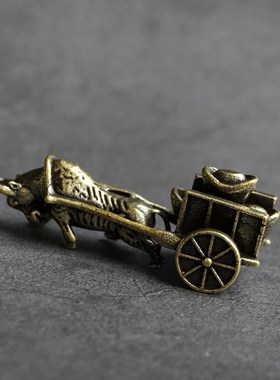 速发面心纯黄铜办公桌实小摆件牛元拉宝车古铜茶宠饰品工艺品手