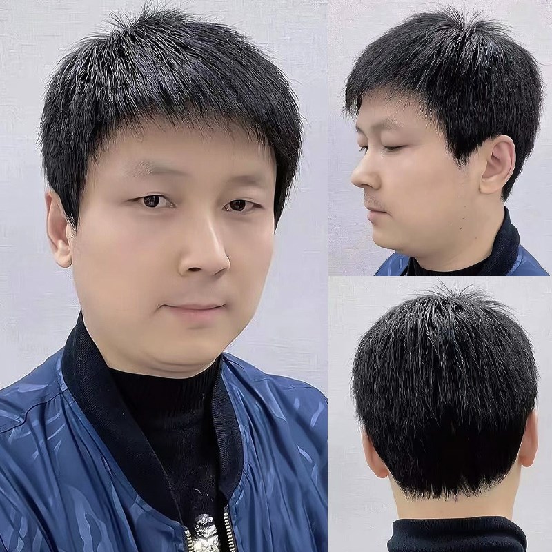 现货假发男全头套式中老年短发遮盖白发光头真发逼真自然男士假发