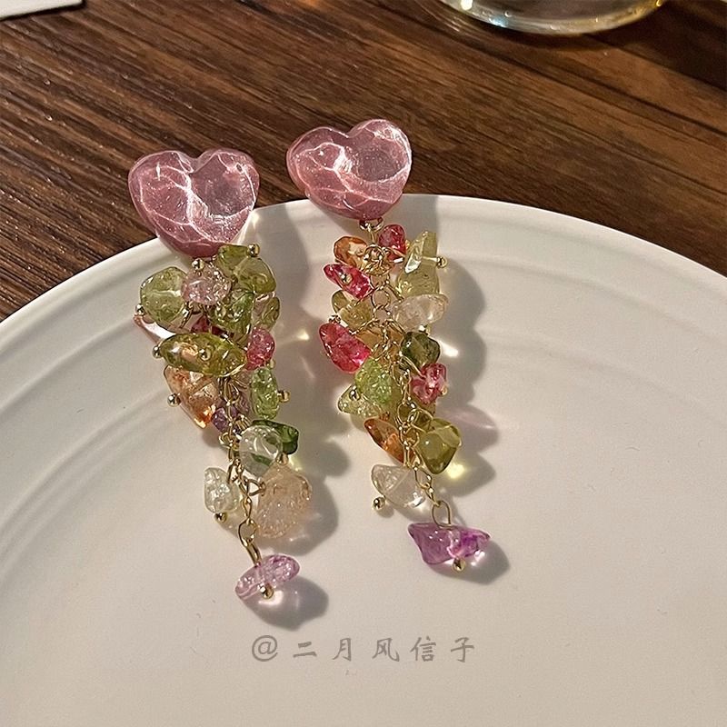 速发头号甜心 法式夸张粉色爱心水晶流苏设计感串珠少女心耳环耳