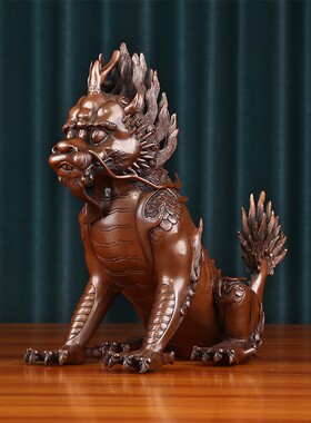 保真速发紫铜獬豸麒麟p一对瑞兽摆件办公室装饰品摆设家居饰品开