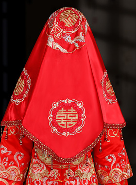 速发新娘结婚红盖头双层绸布秀禾高级搭配女方出嫁红色头纱精美刺