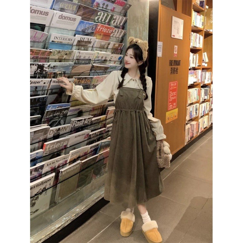 速发奶茶系穿搭裙子套装女秋冬季2023新款甜美灯芯绒背带连衣裙两