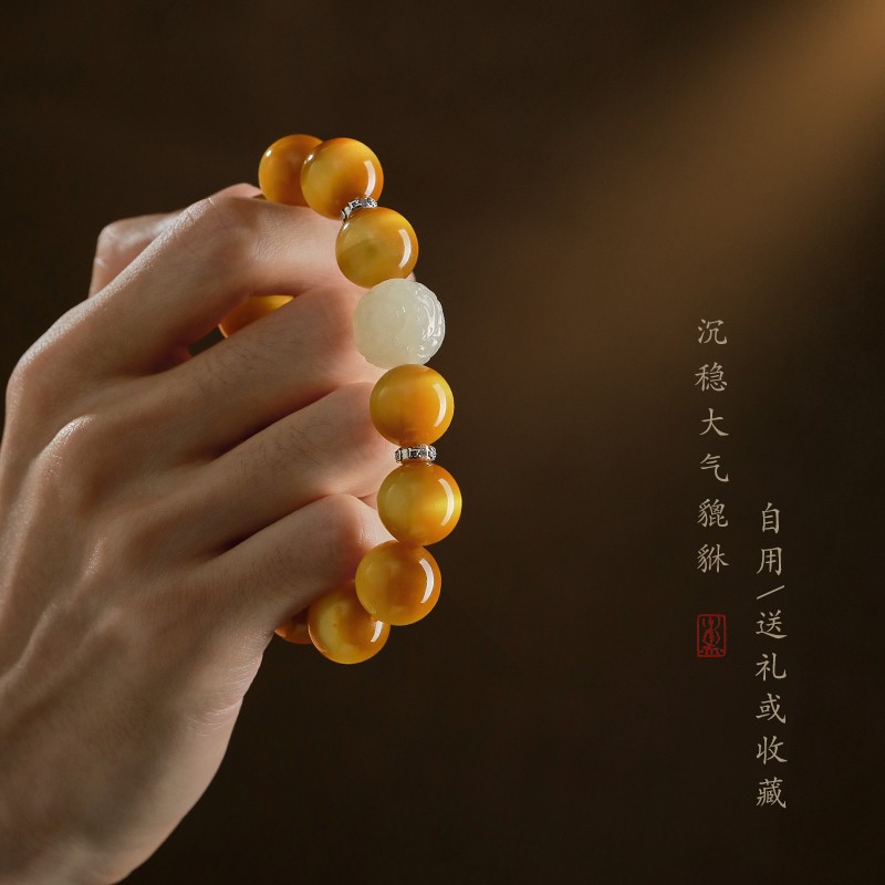 速发黄虎眼石手串男和田玉貔貅高级感文玩佛珠盘玩虎晴石转运珠手