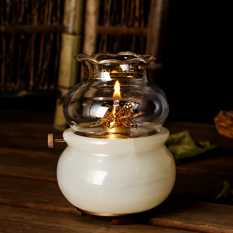 新品玉石供佛油灯纯m铜酥油灯灯盏佛堂佛灯佛前供灯液体酥油长明